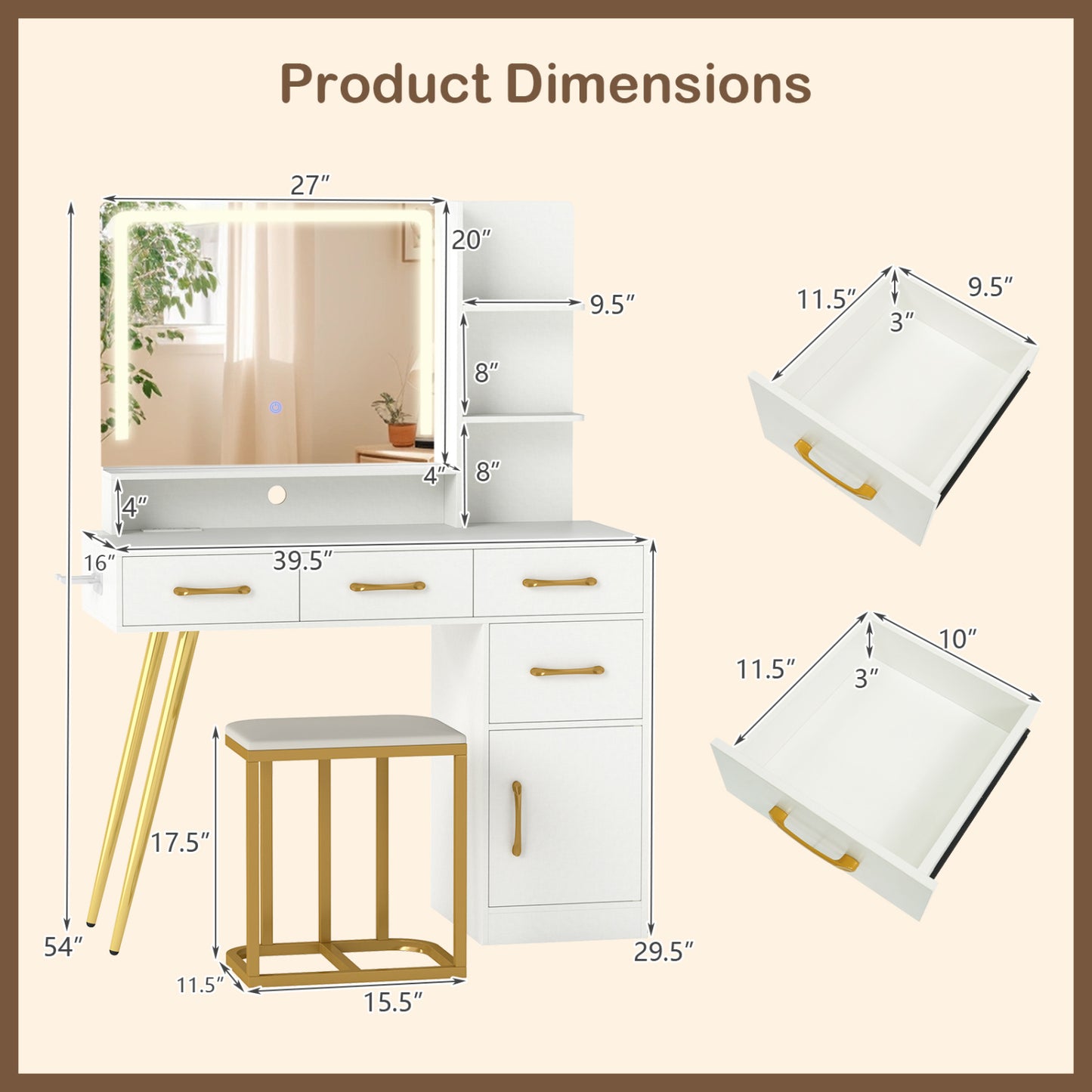 Vanity Set with Lighted Mirror, Stool & Adjustable LED Lights