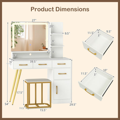 Vanity Set with Lighted Mirror, Stool & Adjustable LED Lights