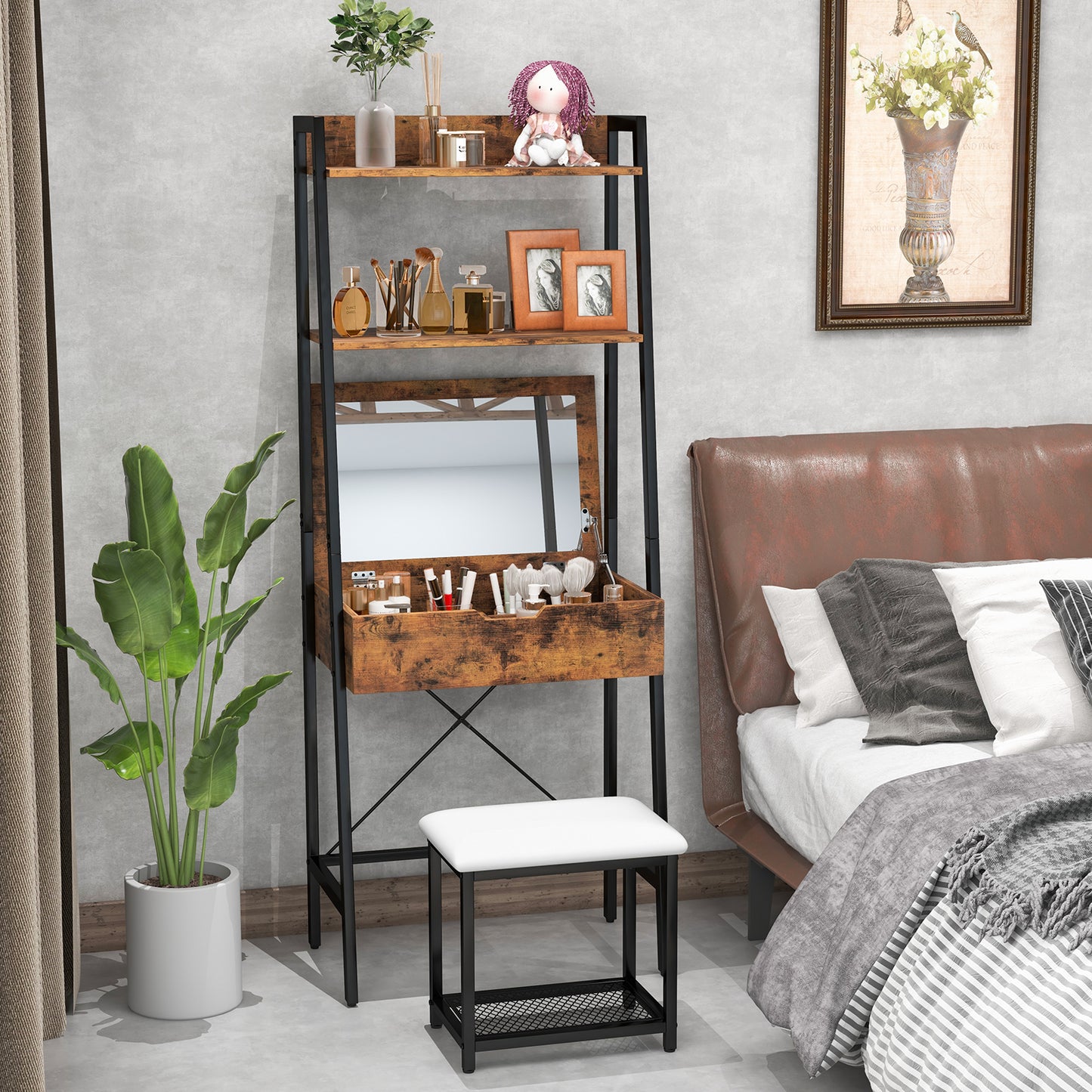 Ladder Vanity Desk Set with Flip Top Mirror and Stool