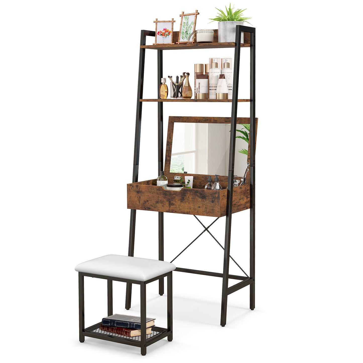 Ladder Vanity Desk Set with Flip Top Mirror and Stool