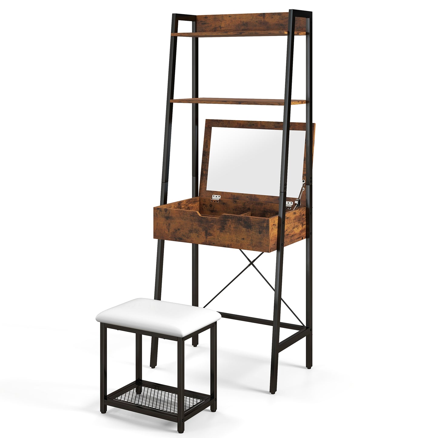 Ladder Vanity Desk Set with Flip Top Mirror and Stool