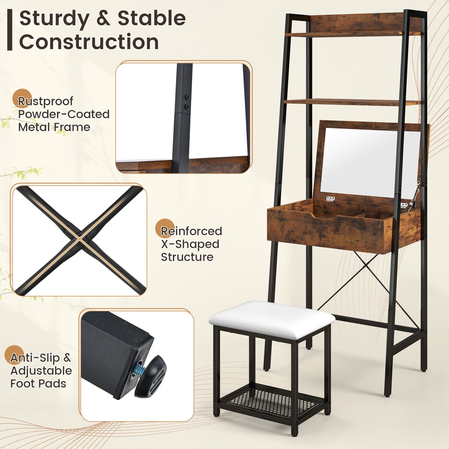 Ladder Vanity Desk Set with Flip Top Mirror and Stool