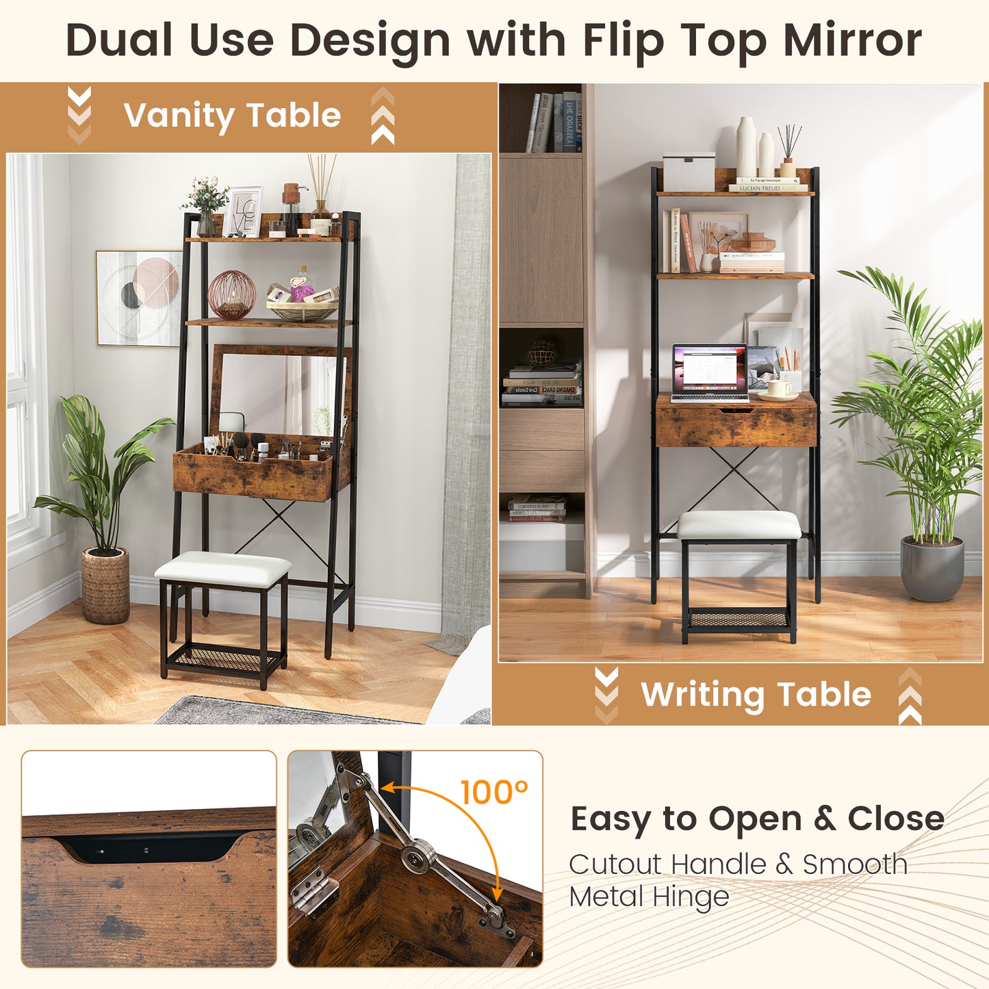 Ladder Vanity Desk Set with Flip Top Mirror and Stool