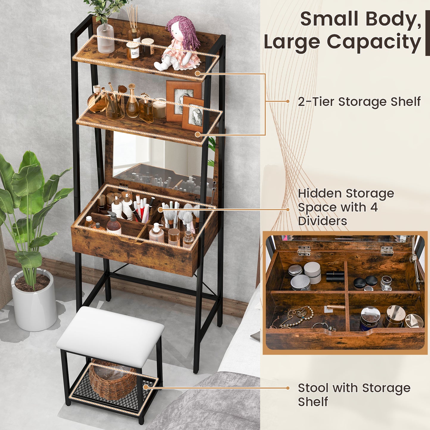Ladder Vanity Desk Set with Flip Top Mirror and Stool