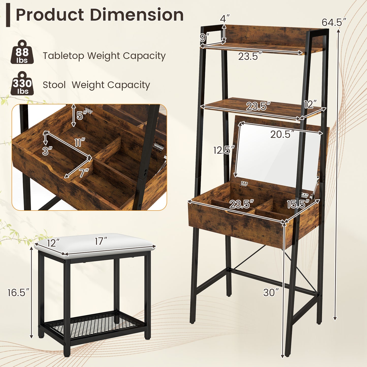 Ladder Vanity Desk Set with Flip Top Mirror and Stool