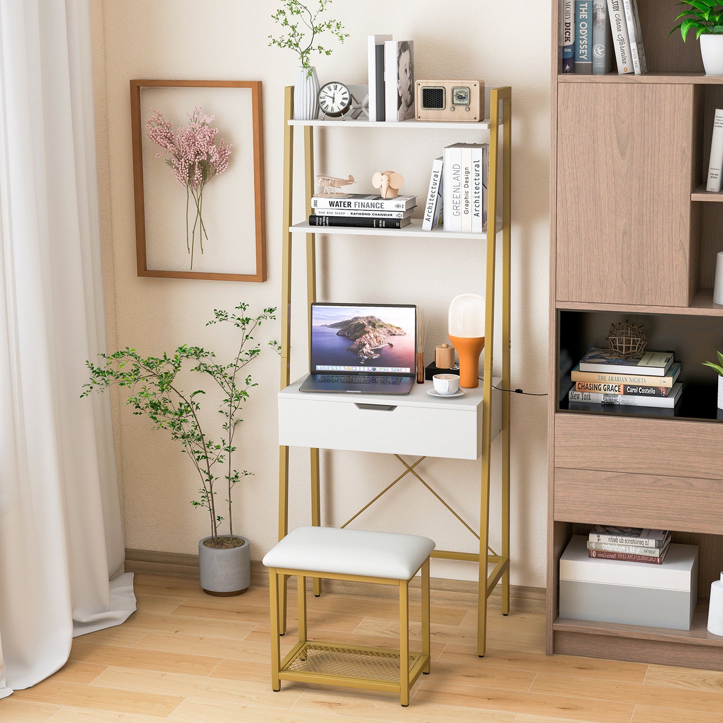 Ladder Vanity Desk Set with Flip Top Mirror and Stool