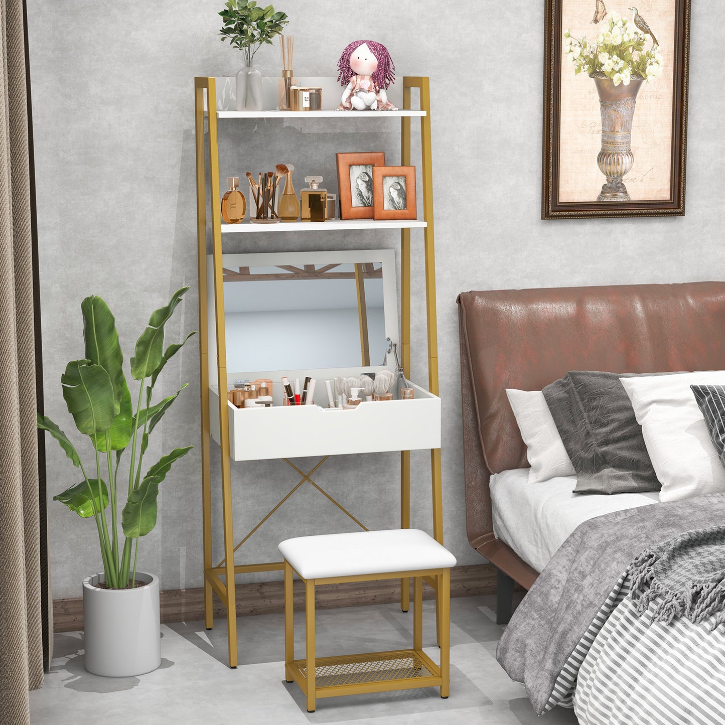 Ladder Vanity Desk Set with Flip Top Mirror and Stool