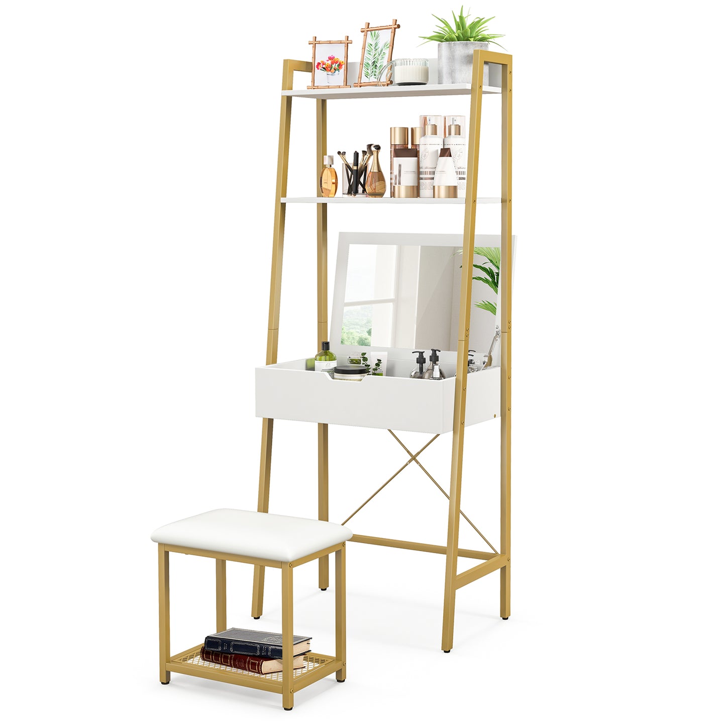 Ladder Vanity Desk Set with Flip Top Mirror and Stool