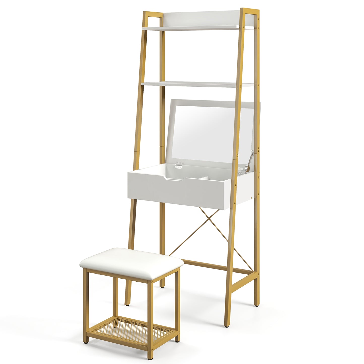 Ladder Vanity Desk Set with Flip Top Mirror and Stool