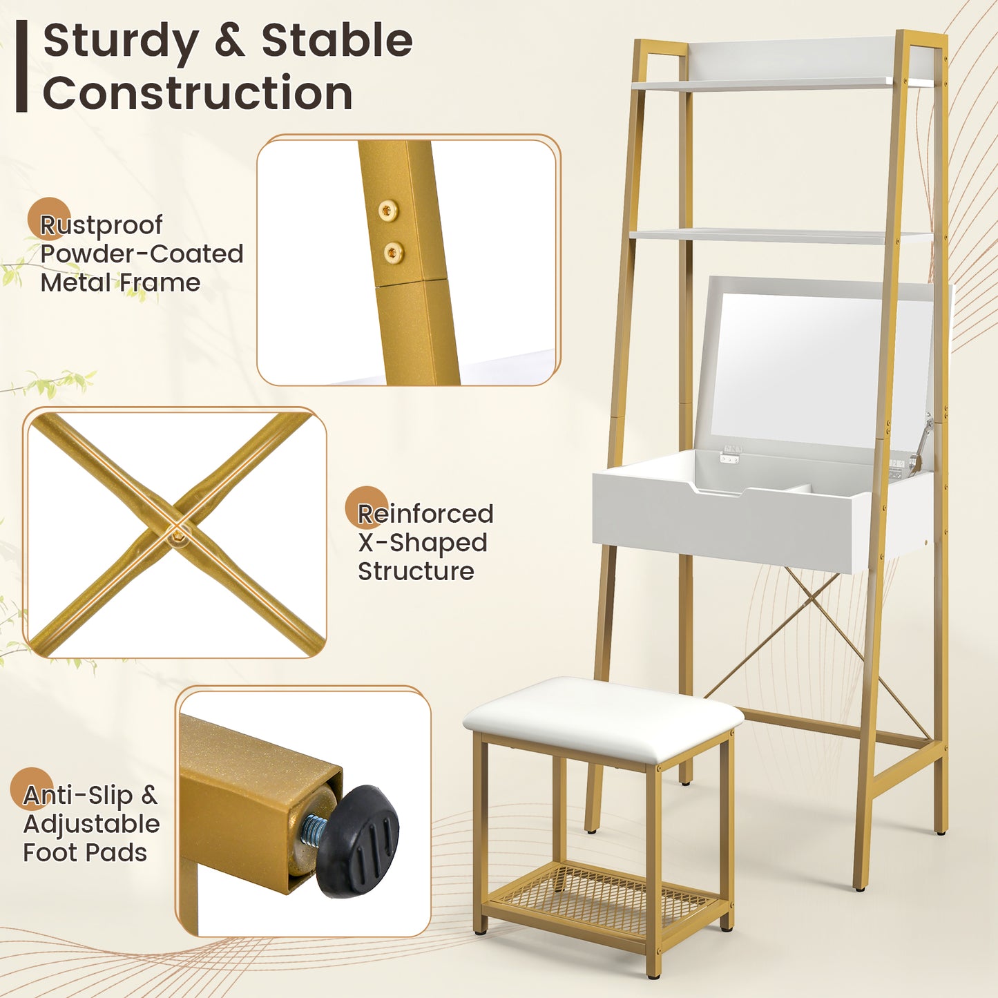 Ladder Vanity Desk Set with Flip Top Mirror and Stool