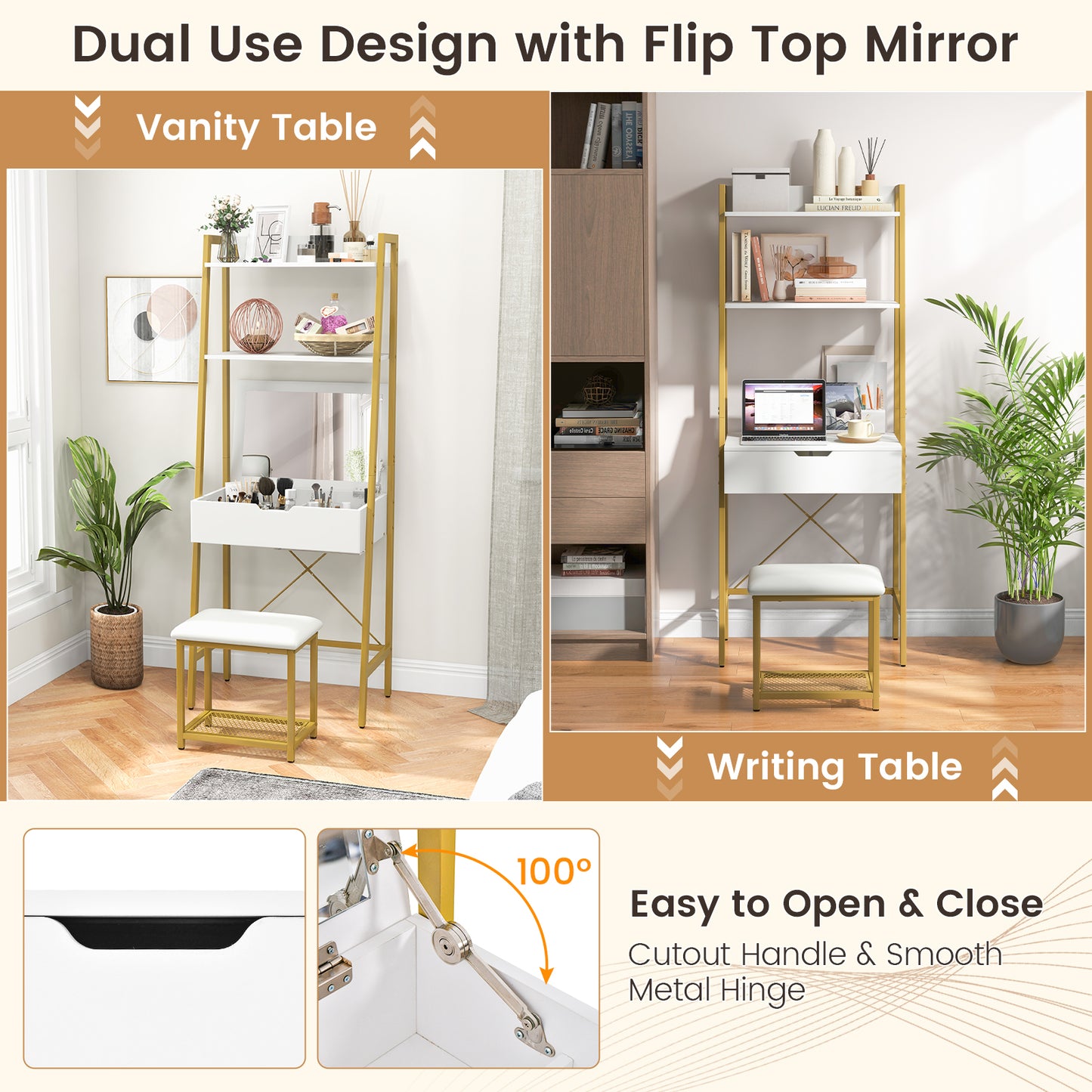 Ladder Vanity Desk Set with Flip Top Mirror and Stool