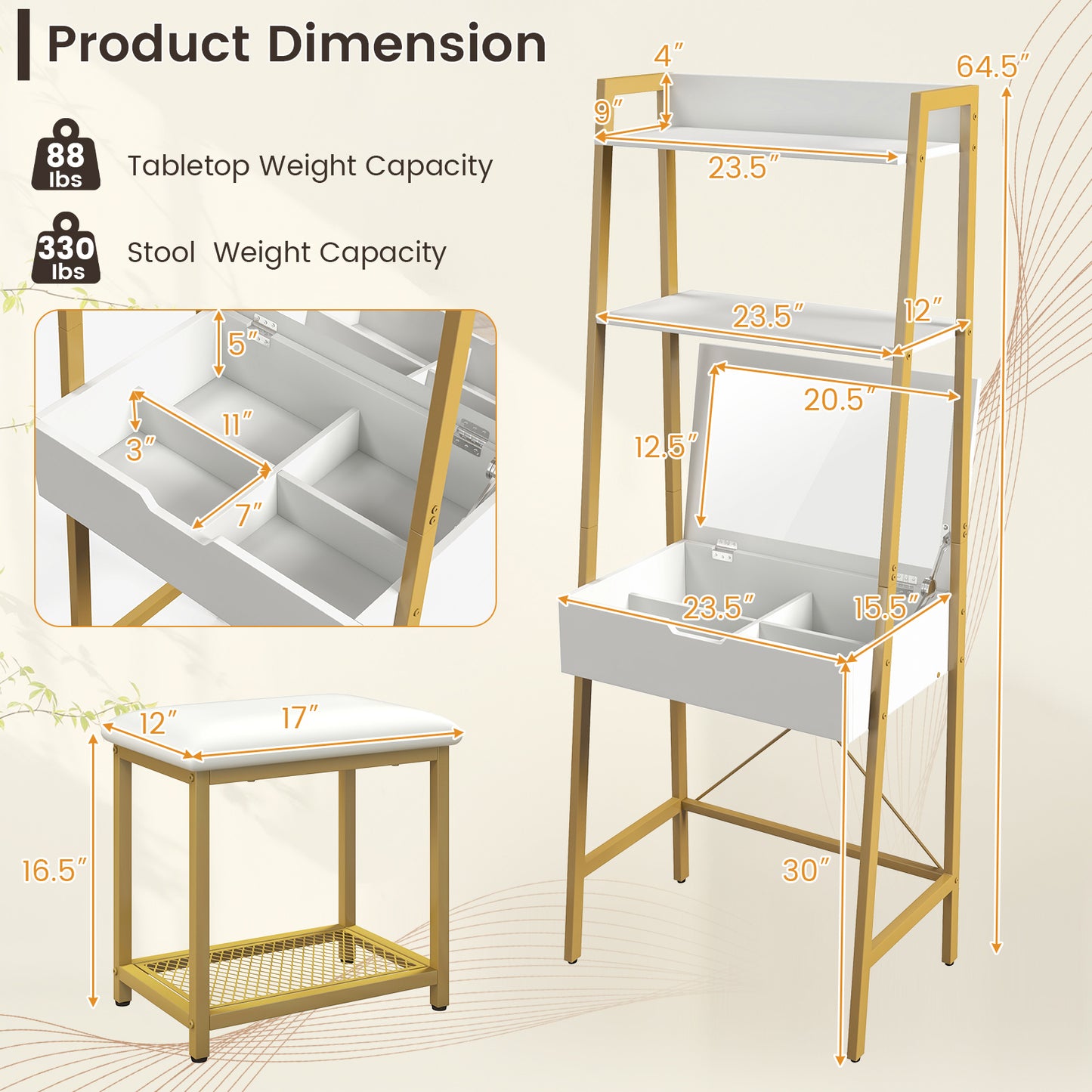 Ladder Vanity Desk Set with Flip Top Mirror and Stool