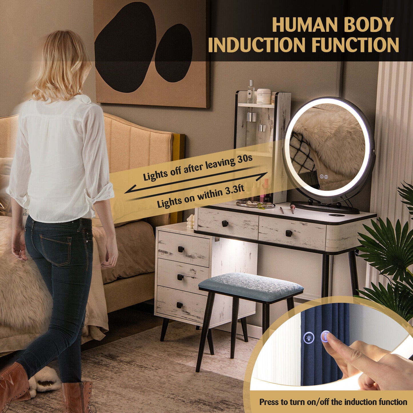 Vanity Table Set with 3-Color Lighted Mirror and Stool