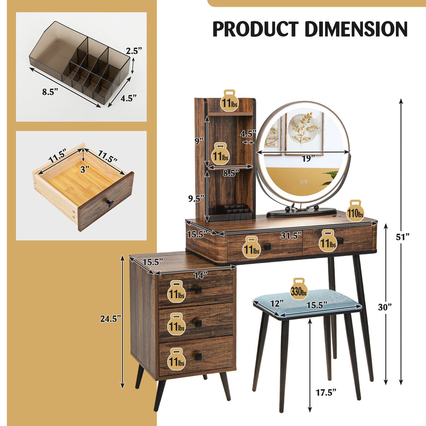 Vanity Table Set with 3-Color Lighted Mirror and Stool