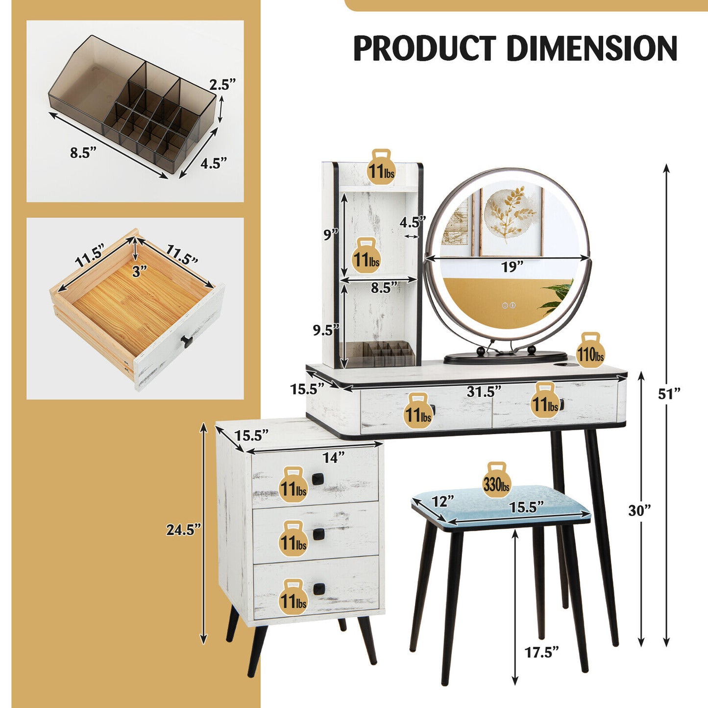 Vanity Table Set with 3-Color Lighted Mirror and Stool