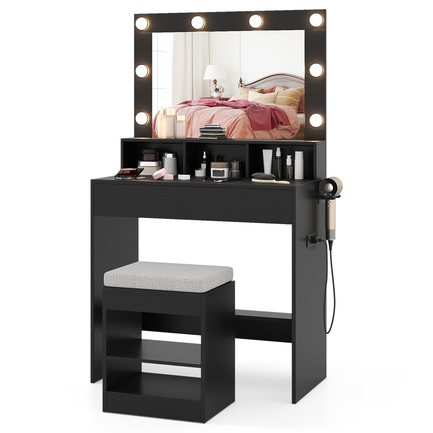 Lighted Vanity Table Set with Mirror, Stool & Storage