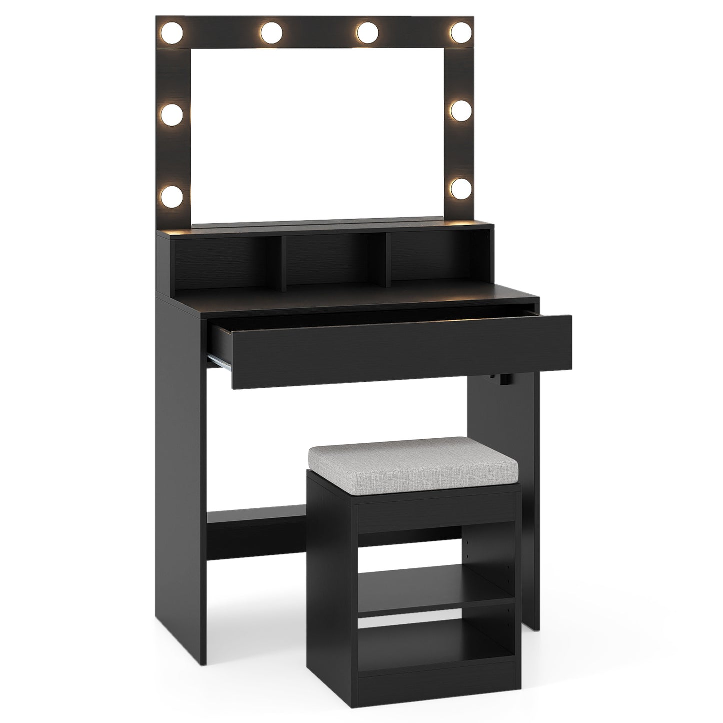 Lighted Vanity Table Set with Mirror, Stool & Storage