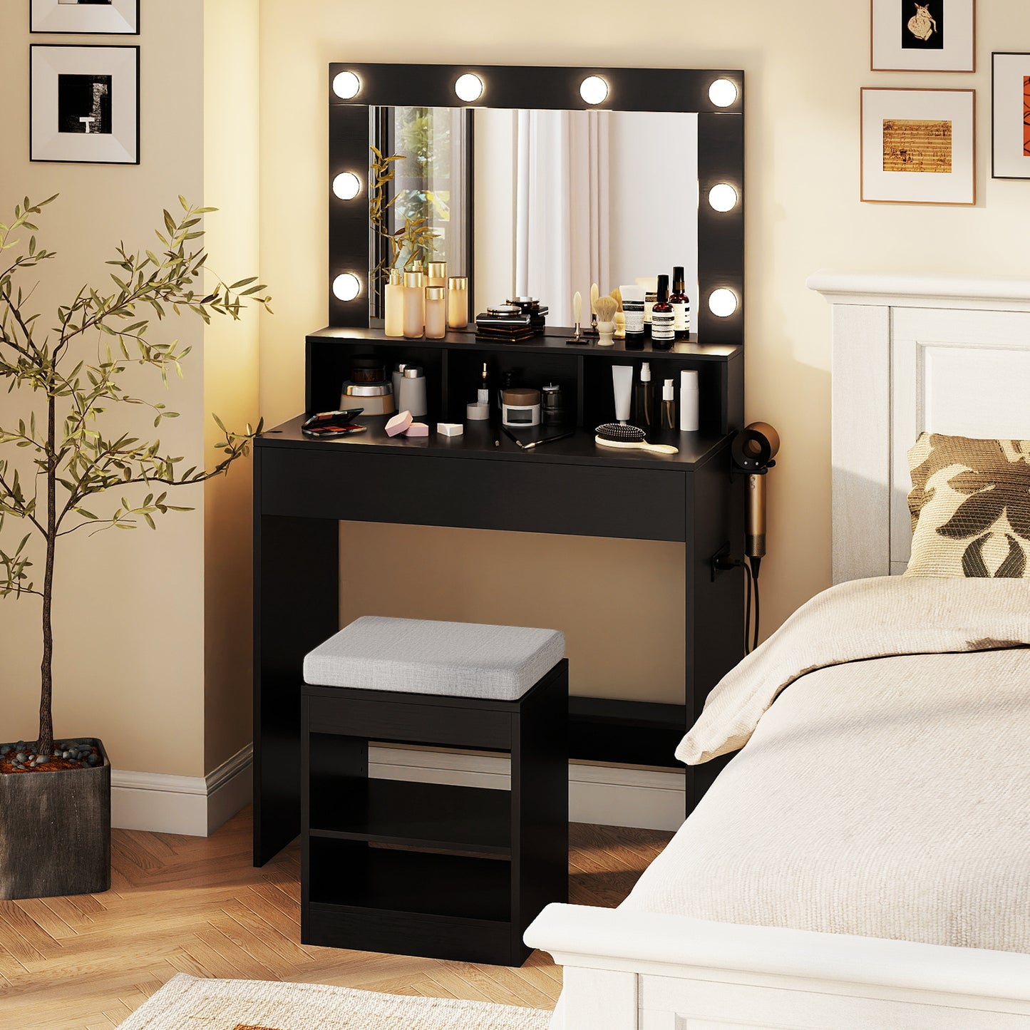 Lighted Vanity Table Set with Mirror, Stool & Storage