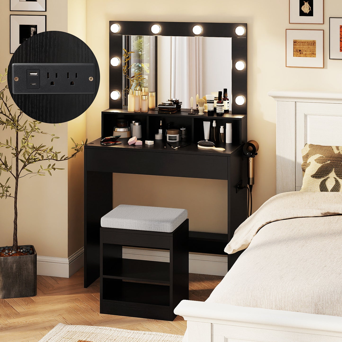 Lighted Vanity Table Set with Mirror, Stool & Storage