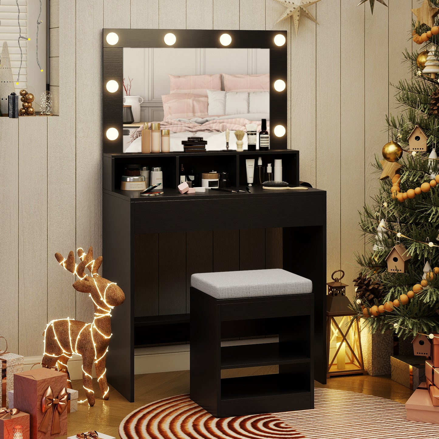 Lighted Vanity Table Set with Mirror, Stool & Storage