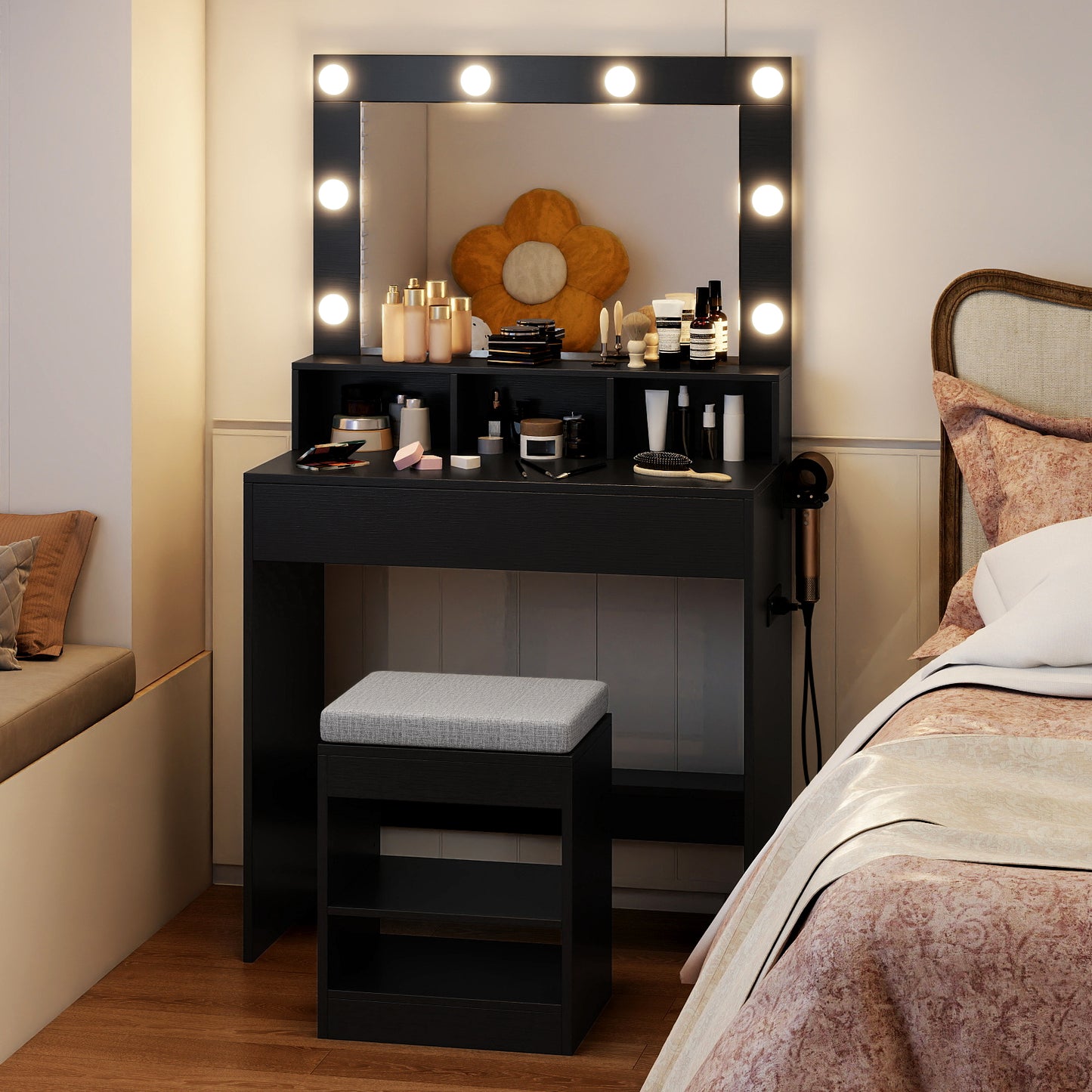 Lighted Vanity Table Set with Mirror, Stool & Storage