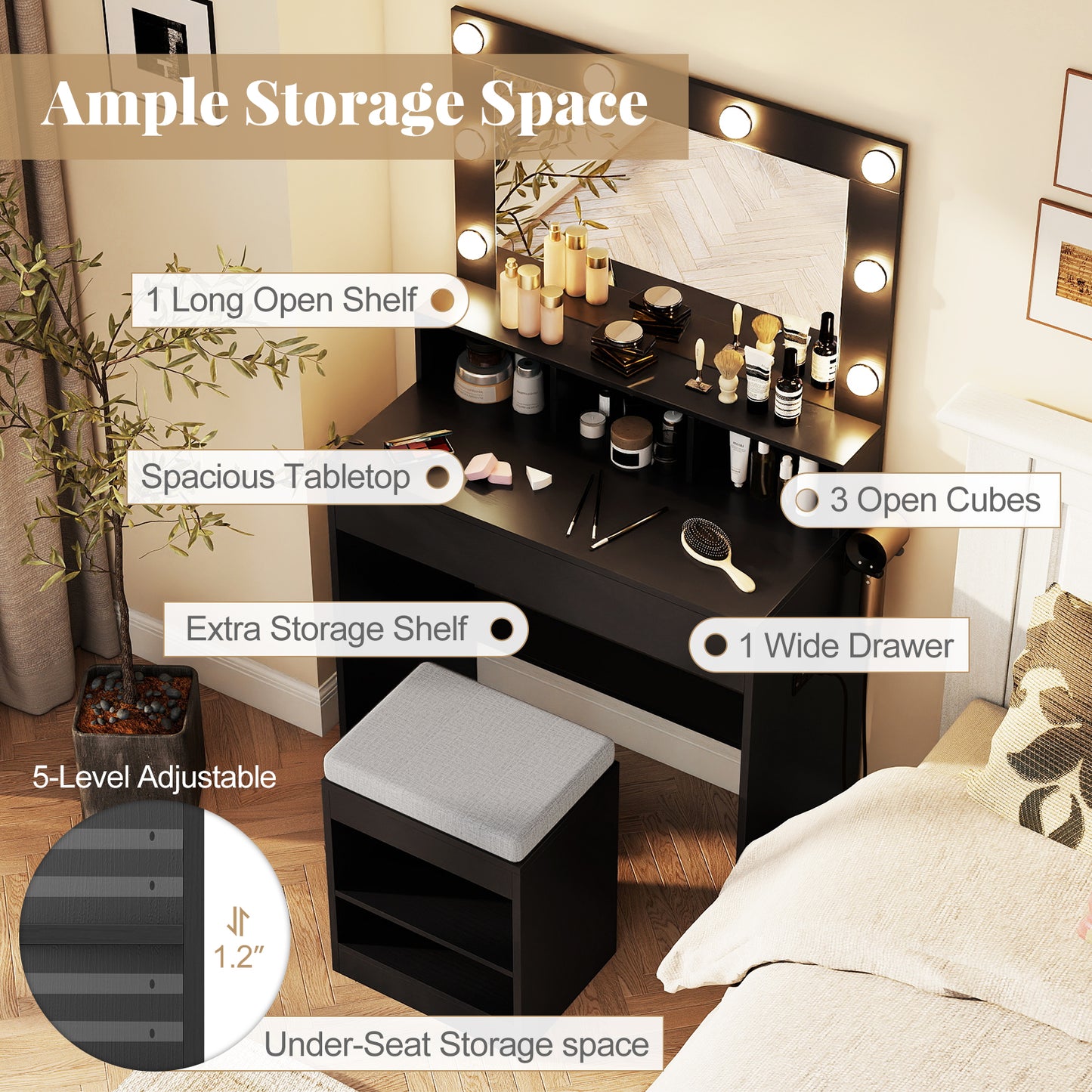 Lighted Vanity Table Set with Mirror, Stool & Storage