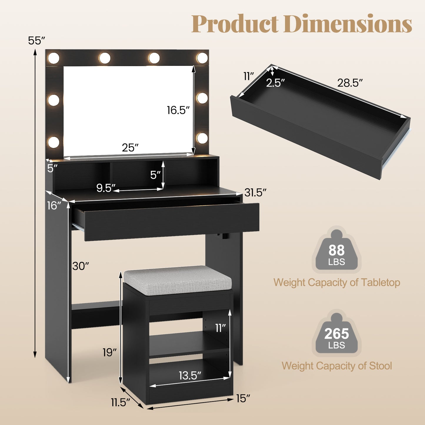 Lighted Vanity Table Set with Mirror, Stool & Storage