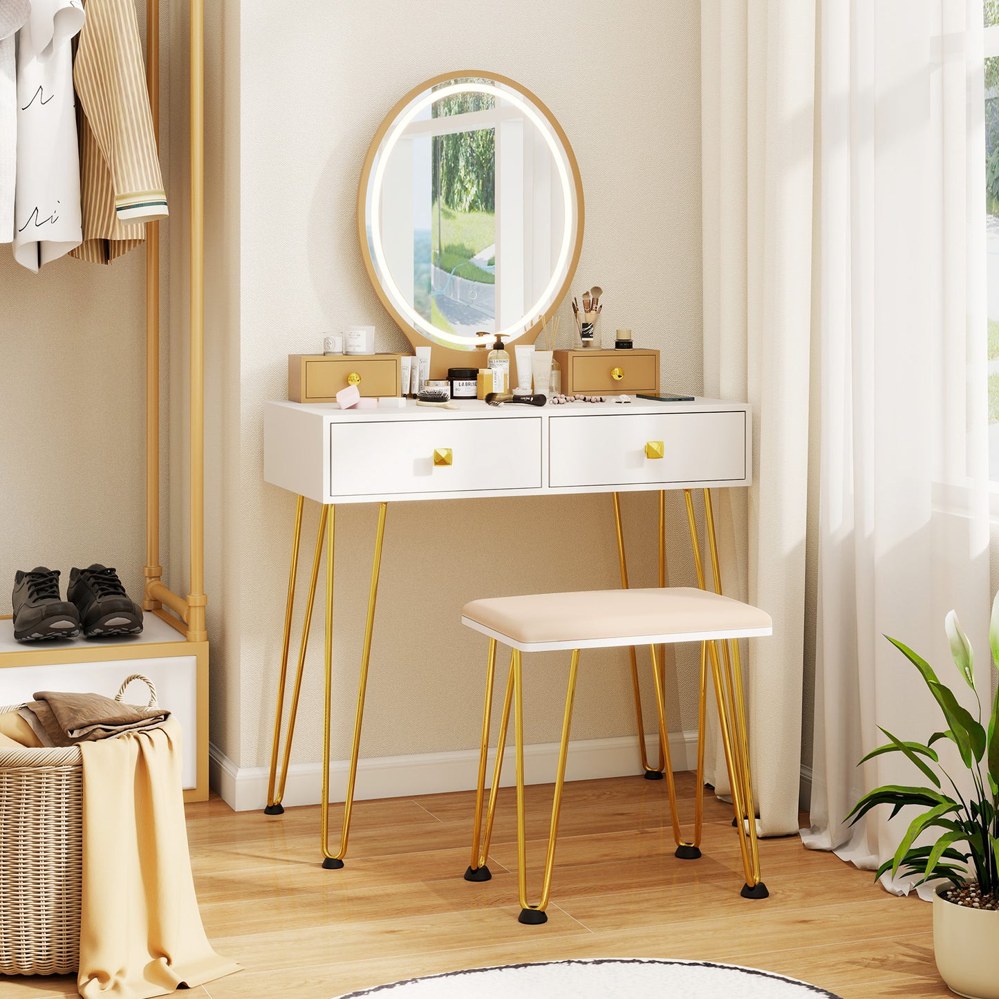 Vanity Table Set with 3-Color Lighted Mirror & Stool