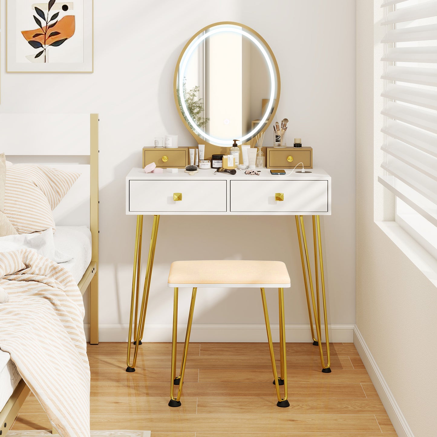 Vanity Table Set with 3-Color Lighted Mirror & Stool