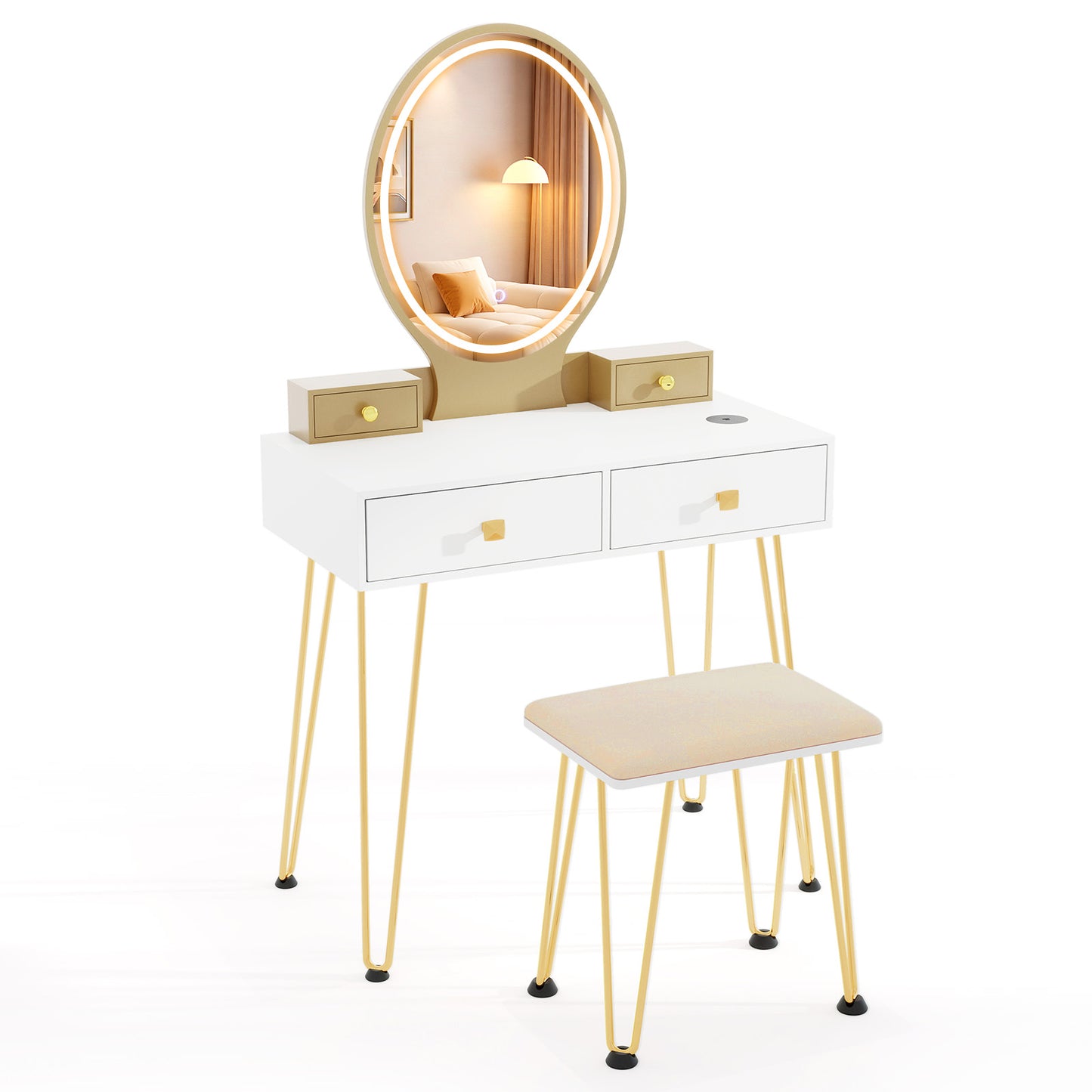 Vanity Table Set with 3-Color Lighted Mirror & Stool