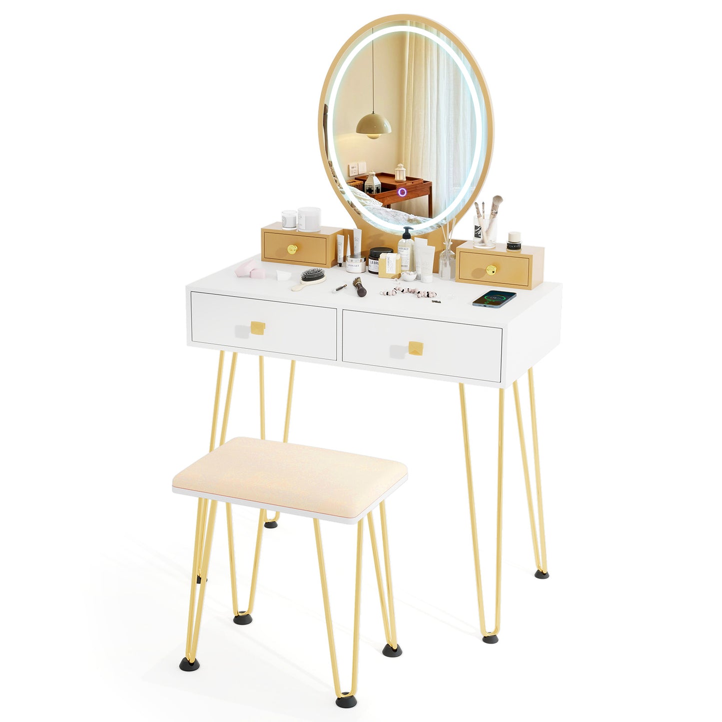 Vanity Table Set with 3-Color Lighted Mirror & Stool