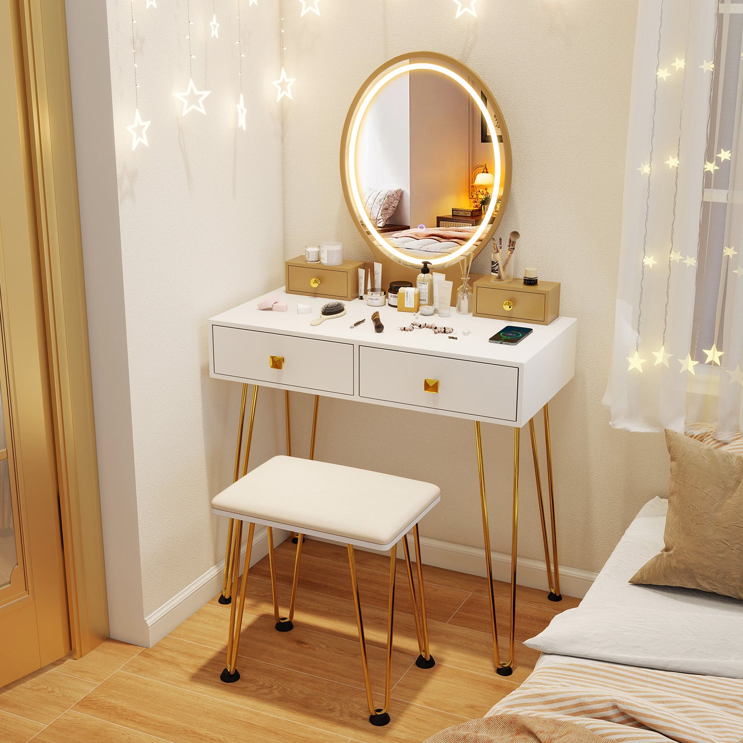 Vanity Table Set with 3-Color Lighted Mirror & Stool
