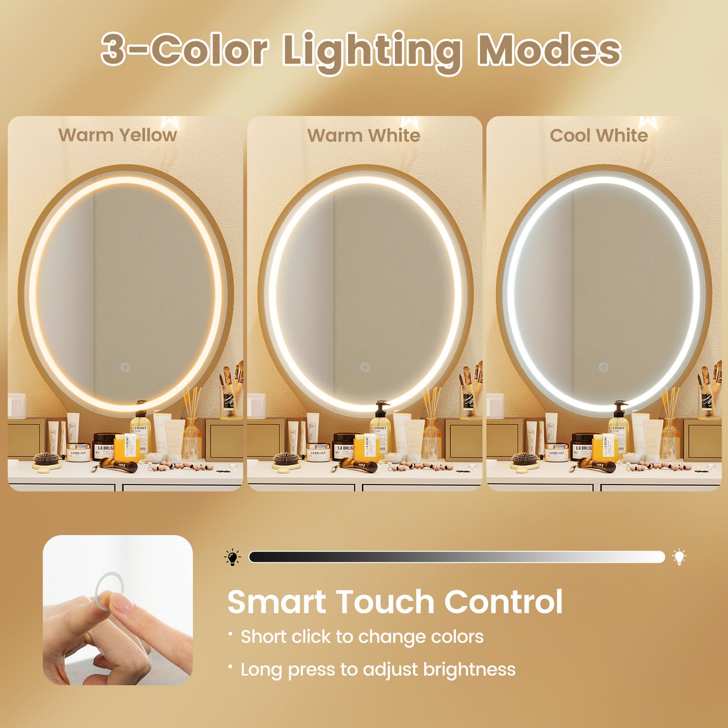 Vanity Table Set with 3-Color Lighted Mirror & Stool