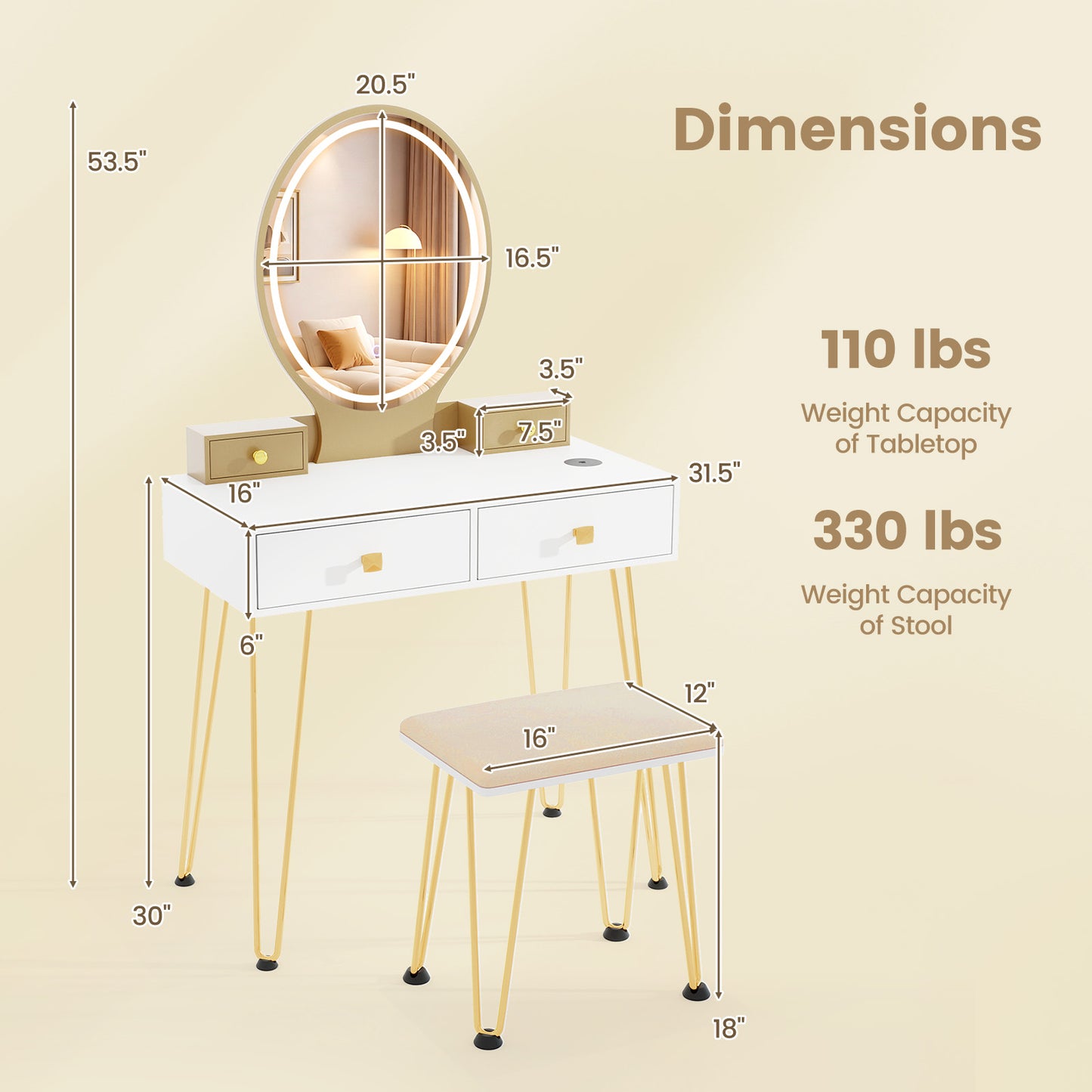 Vanity Table Set with 3-Color Lighted Mirror & Stool