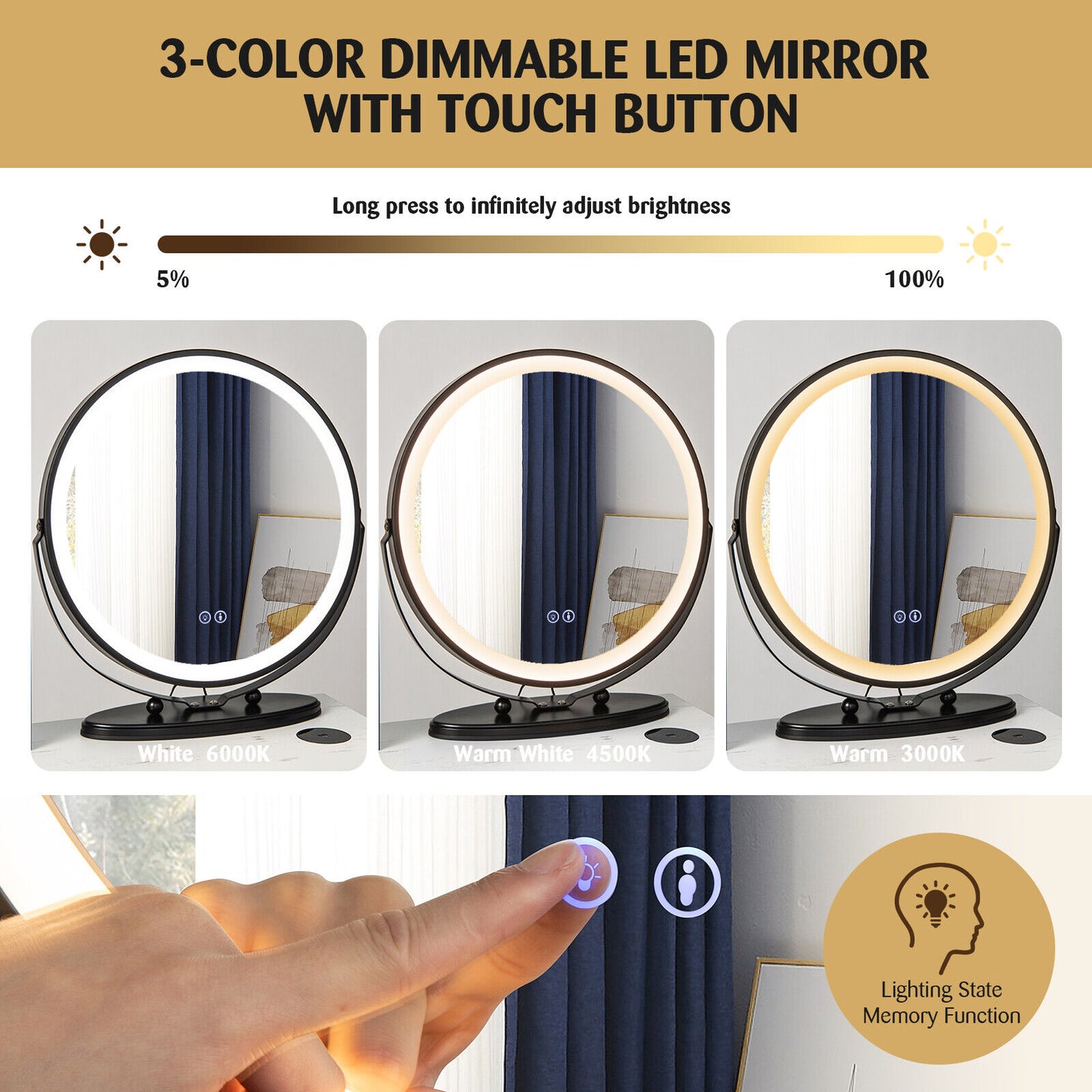 Vanity Table Set with 3-Color Lighted Mirror and Stool