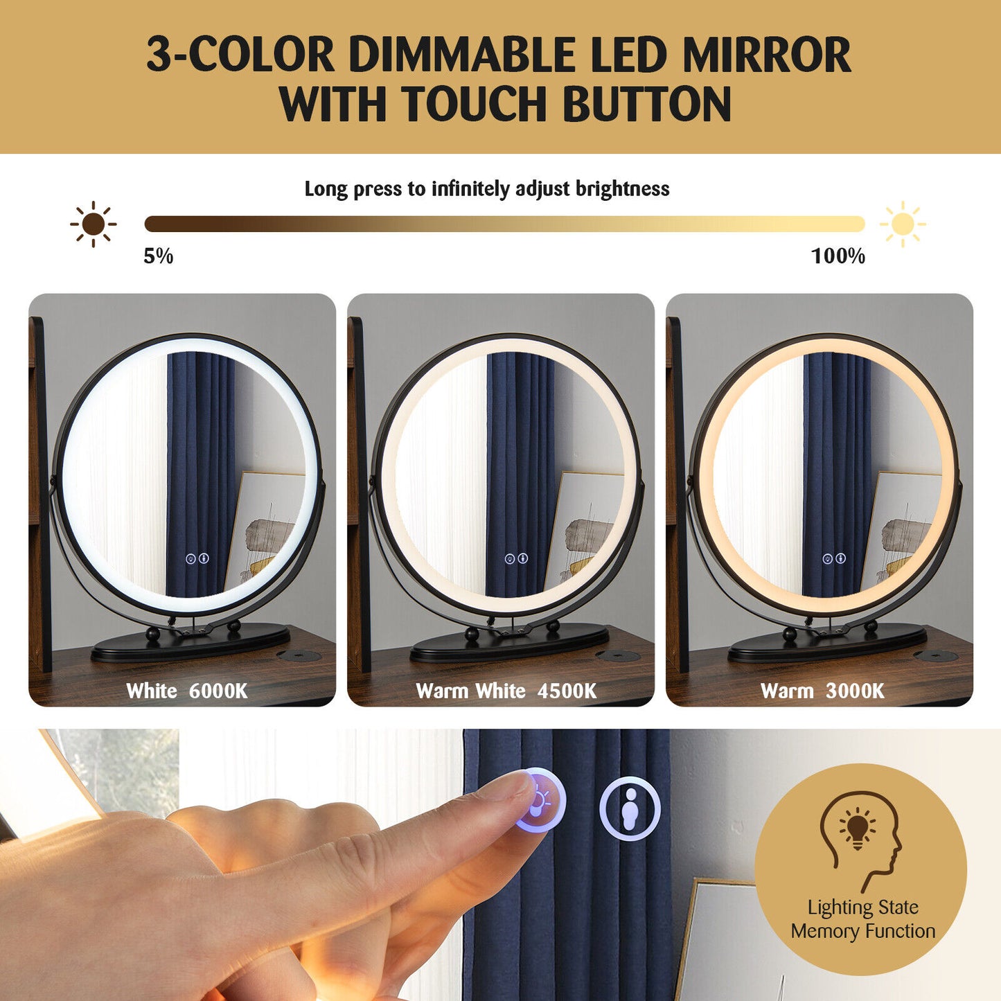 Vanity Table Set with 3-Color Lighted Mirror and Stool
