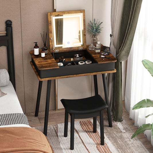 Vanity Table Set with Flip Top Mirror, LED Lights & Stool