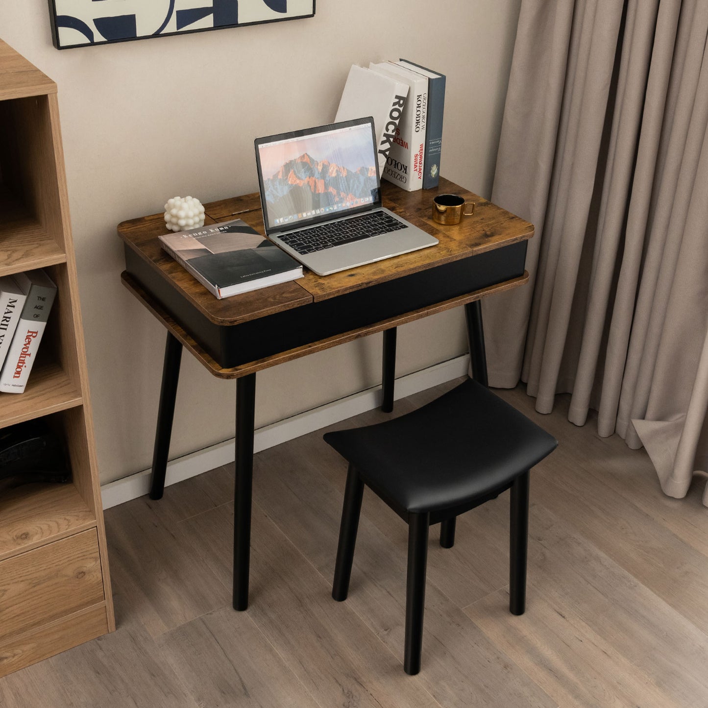 Vanity Table Set with Flip Top Mirror, LED Lights & Stool