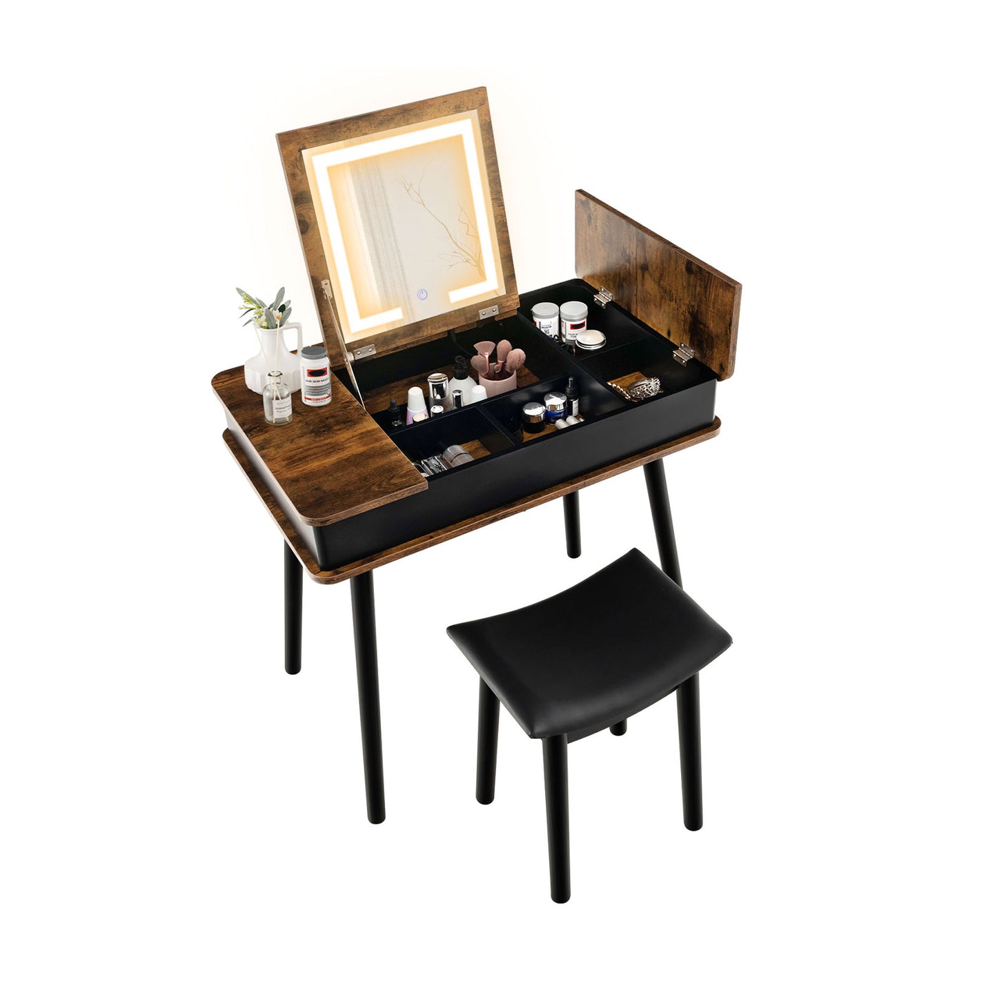 Vanity Table Set with Flip Top Mirror, LED Lights & Stool