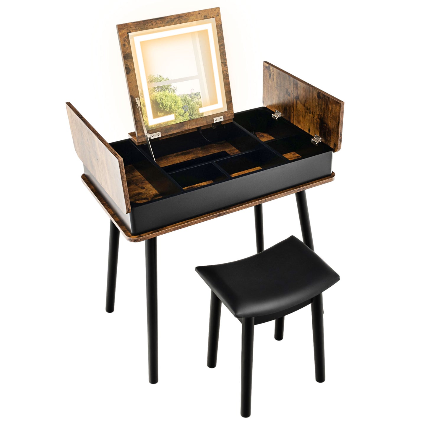 Vanity Table Set with Flip Top Mirror, LED Lights & Stool
