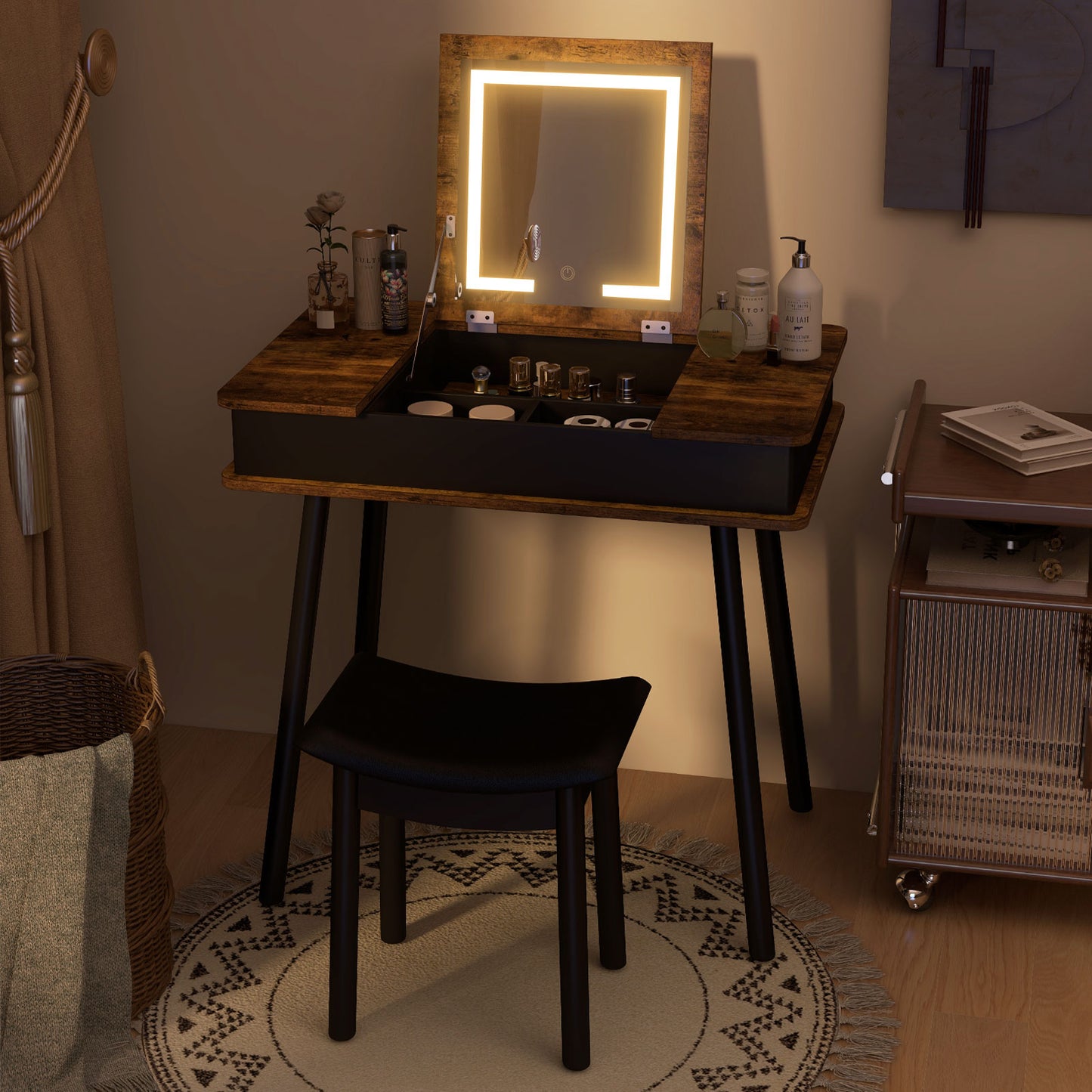 Vanity Table Set with Flip Top Mirror, LED Lights & Stool