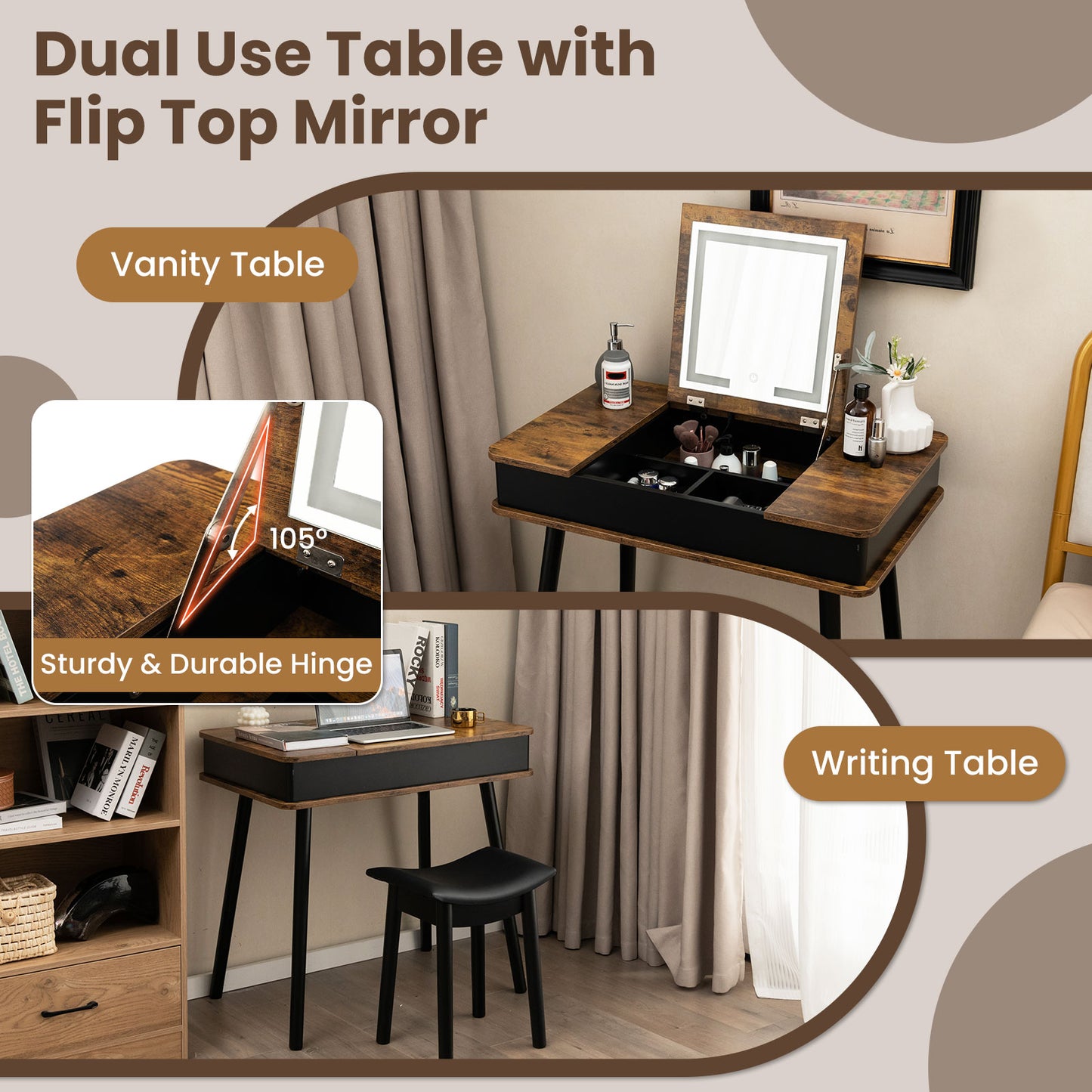 Vanity Table Set with Flip Top Mirror, LED Lights & Stool