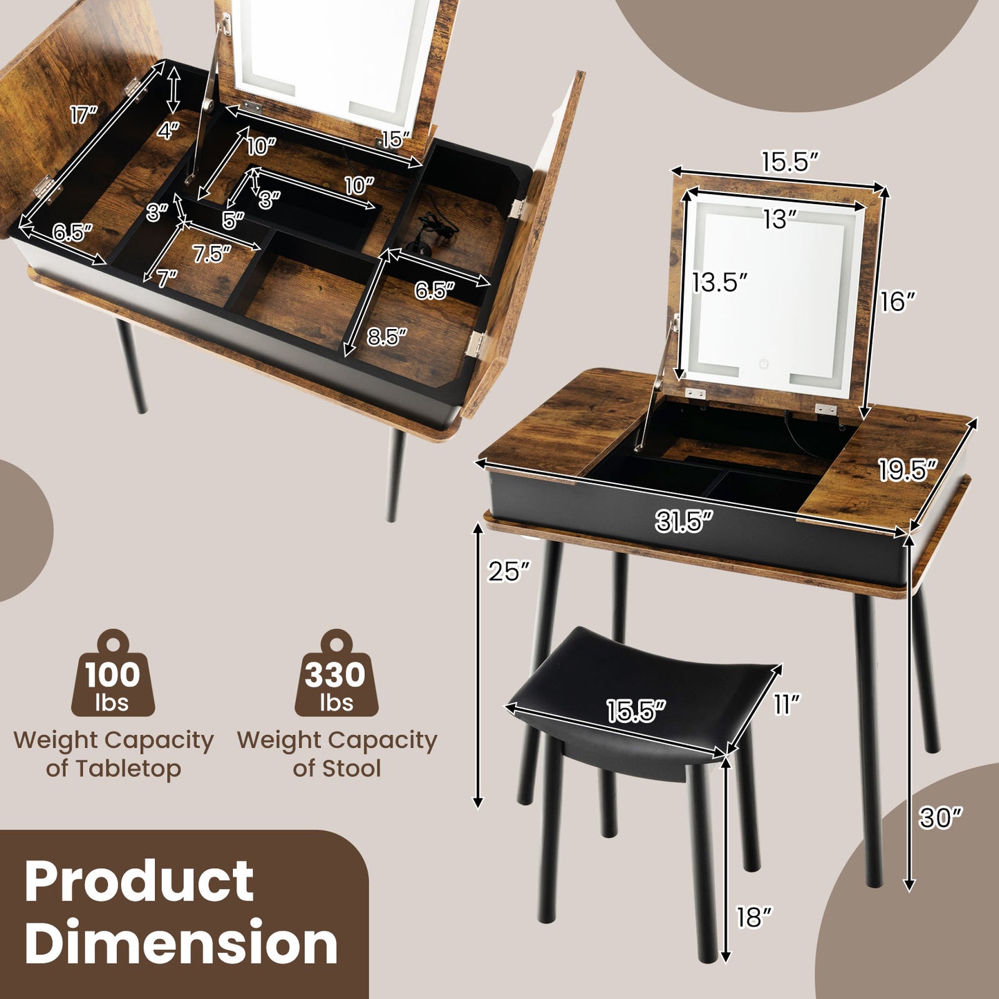 Vanity Table Set with Flip Top Mirror, LED Lights & Stool