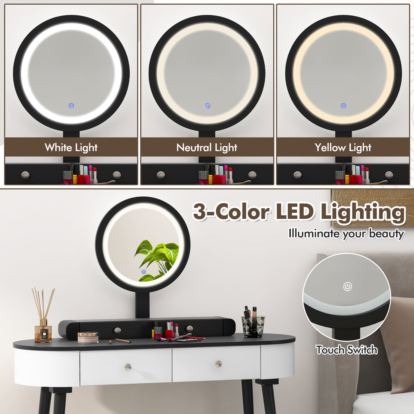 Makeup Vanity Table with LED Mirror and 3 Drawers