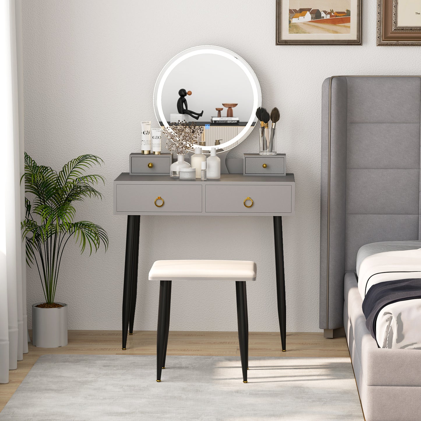 Vanity Table Set with Lighted Mirror and 4 Drawers