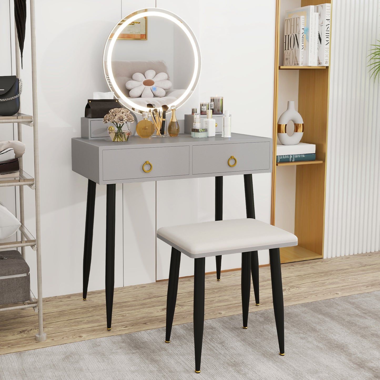 Vanity Table Set with Lighted Mirror and 4 Drawers