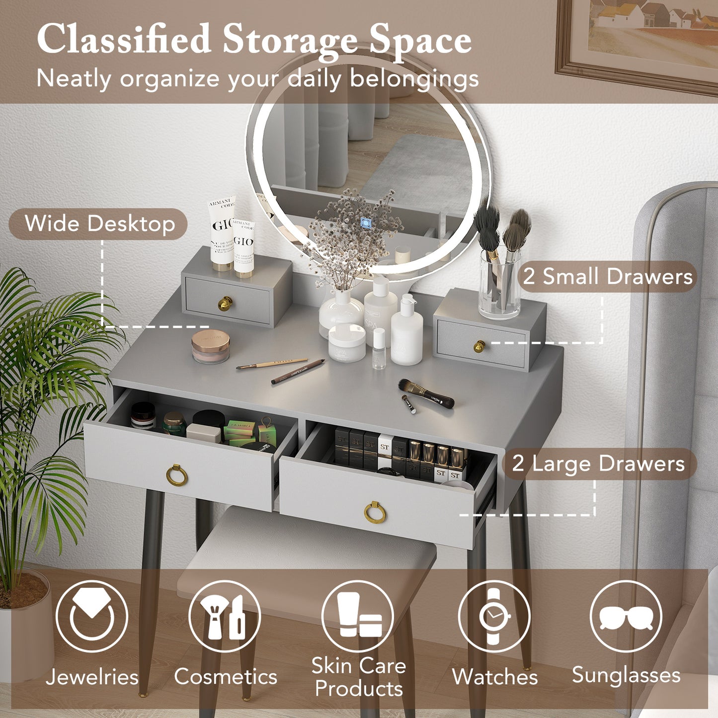 Vanity Table Set with Lighted Mirror and 4 Drawers