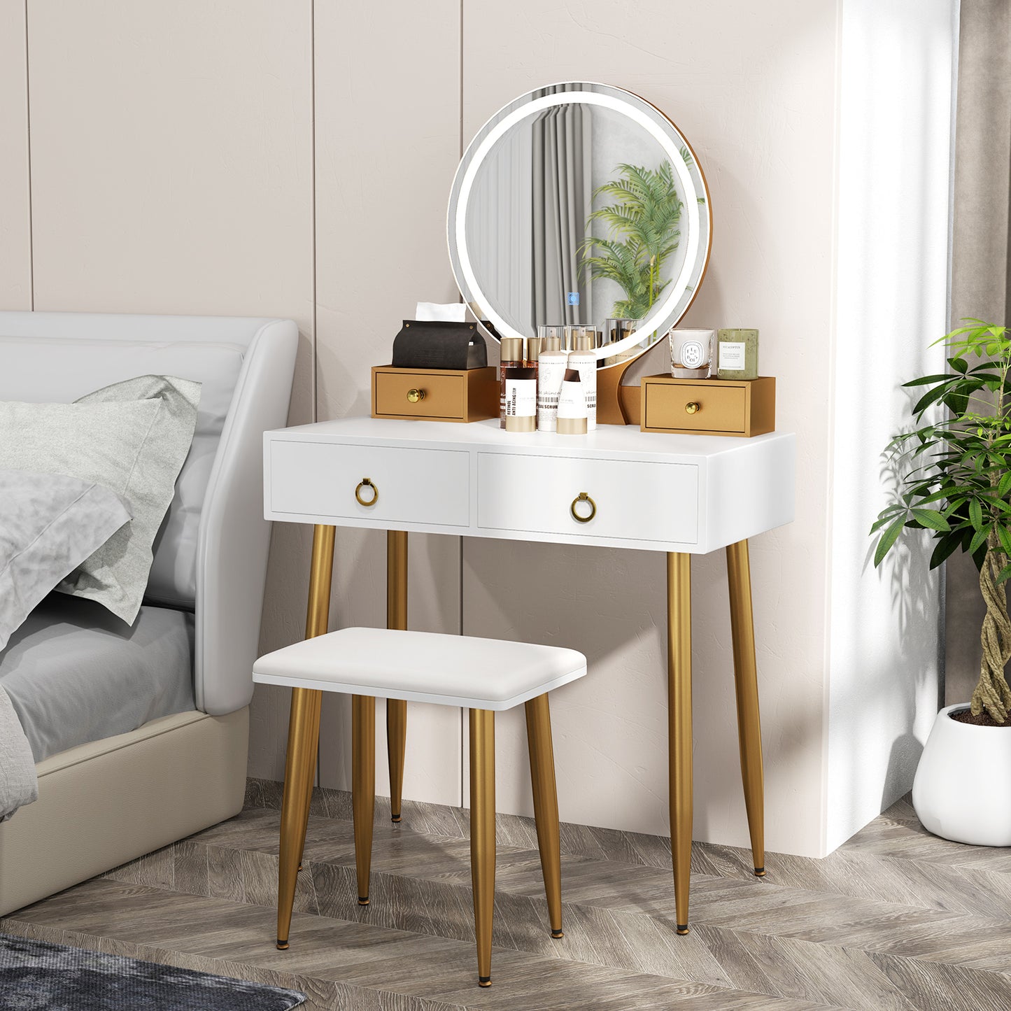 Vanity Table Set with Lighted Mirror and 4 Drawers