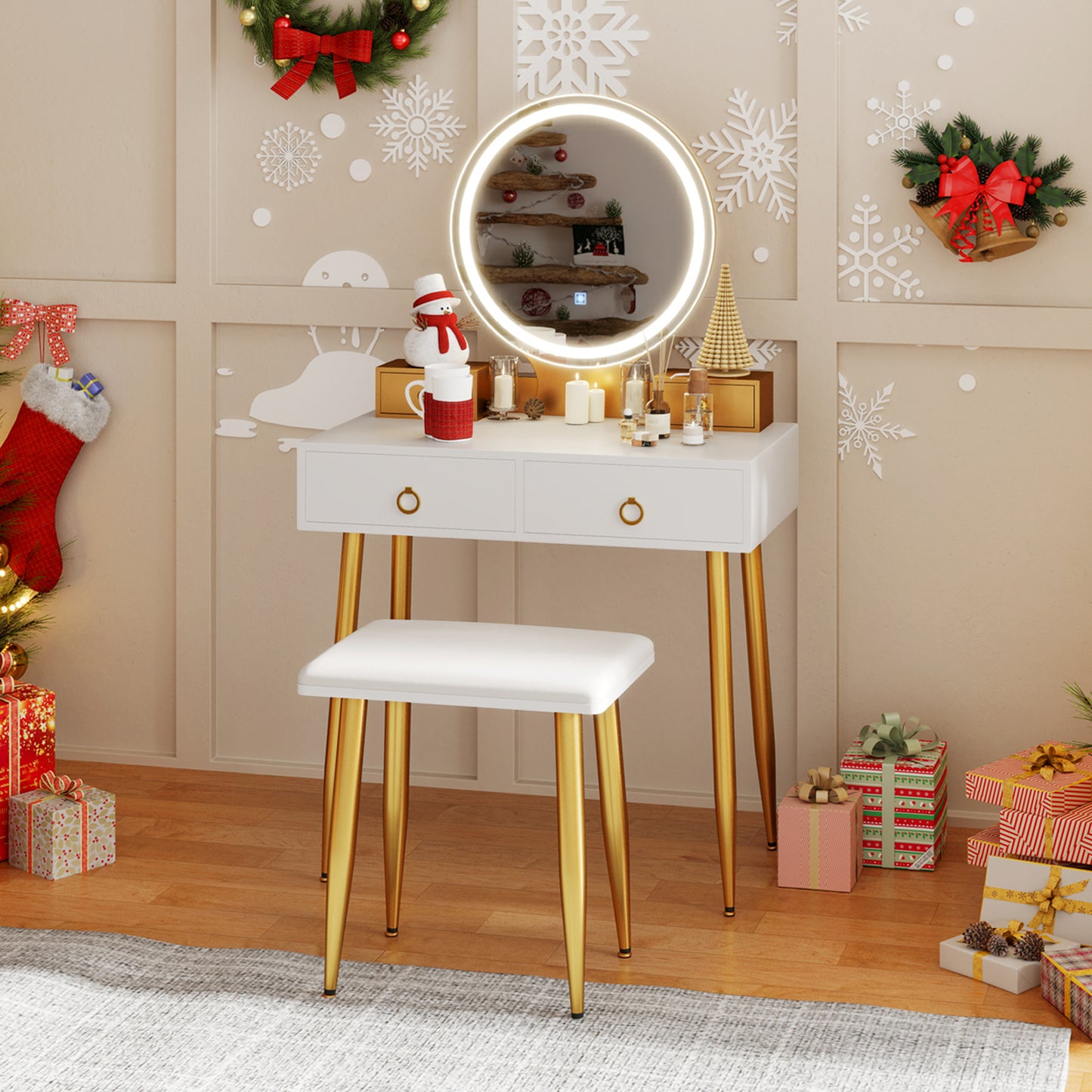 Vanity Table Set with Lighted Mirror and 4 Drawers