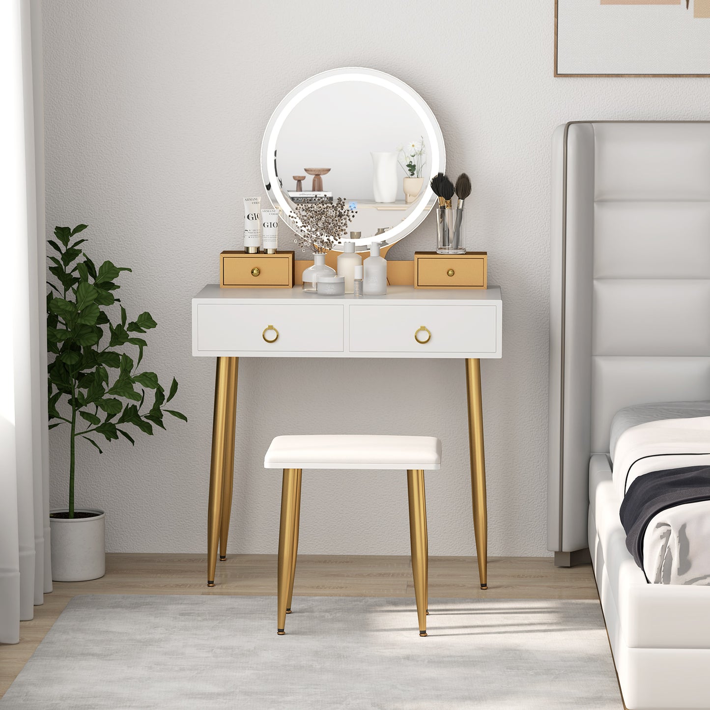 Vanity Table Set with Lighted Mirror and 4 Drawers